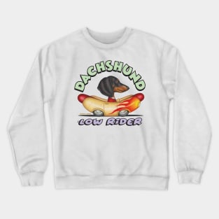 Cute Doxie Dog driving a lowrider Wienermobile with fire flames Crewneck Sweatshirt